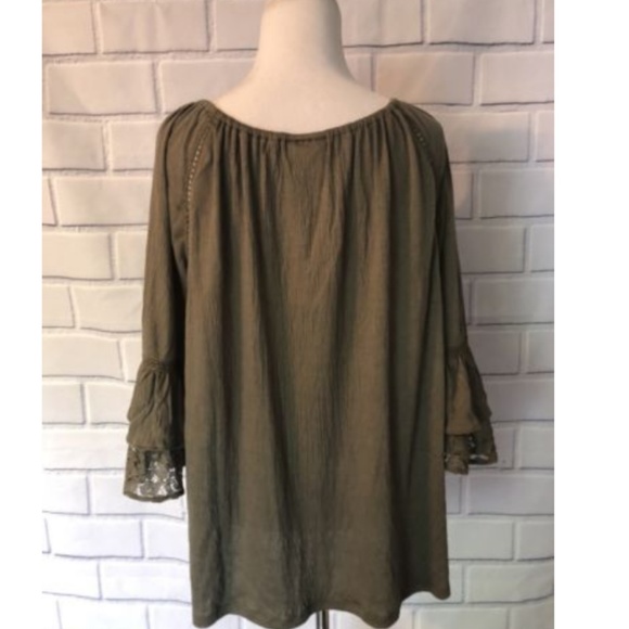Olive Bell Sleeve Blouse Drawstring Tassel Top - Picture 3 of 7